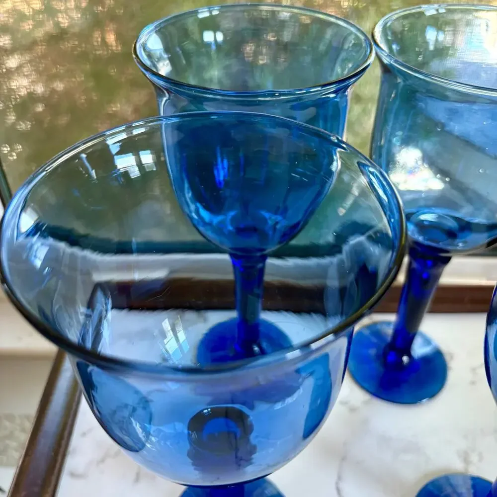 Vintage Mexican Blue Glass Goblets Set of 4 Tall Stemware